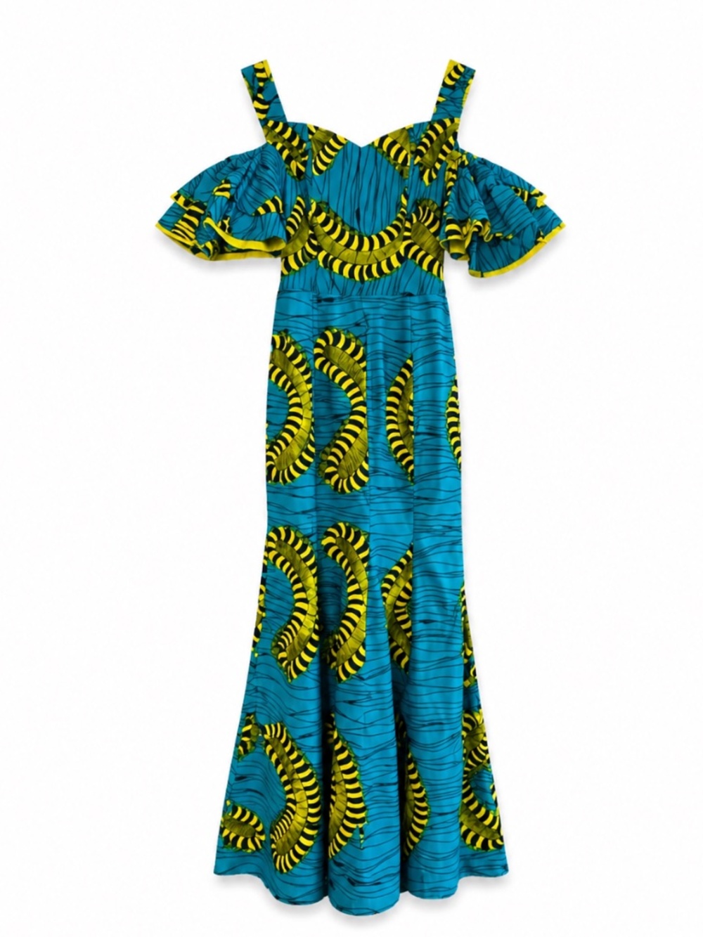 Danik Concepts Couture Turquoise & Yellow Off-Shoulder Maxi Dress – Small EUC
